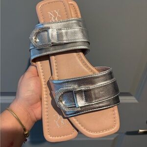 New York & Company Metallic Silver Sandals